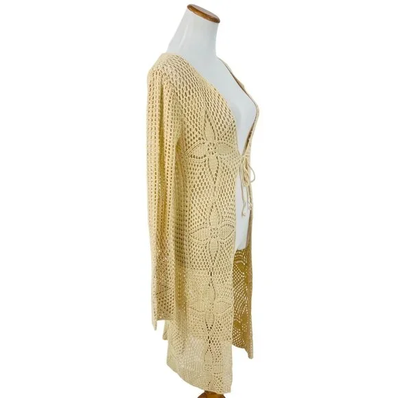 Vintage 90s Crochet Tie Front Duster Cardigan| Boho Coastal Cowgirl Cottagecore - Picture 9 of 16